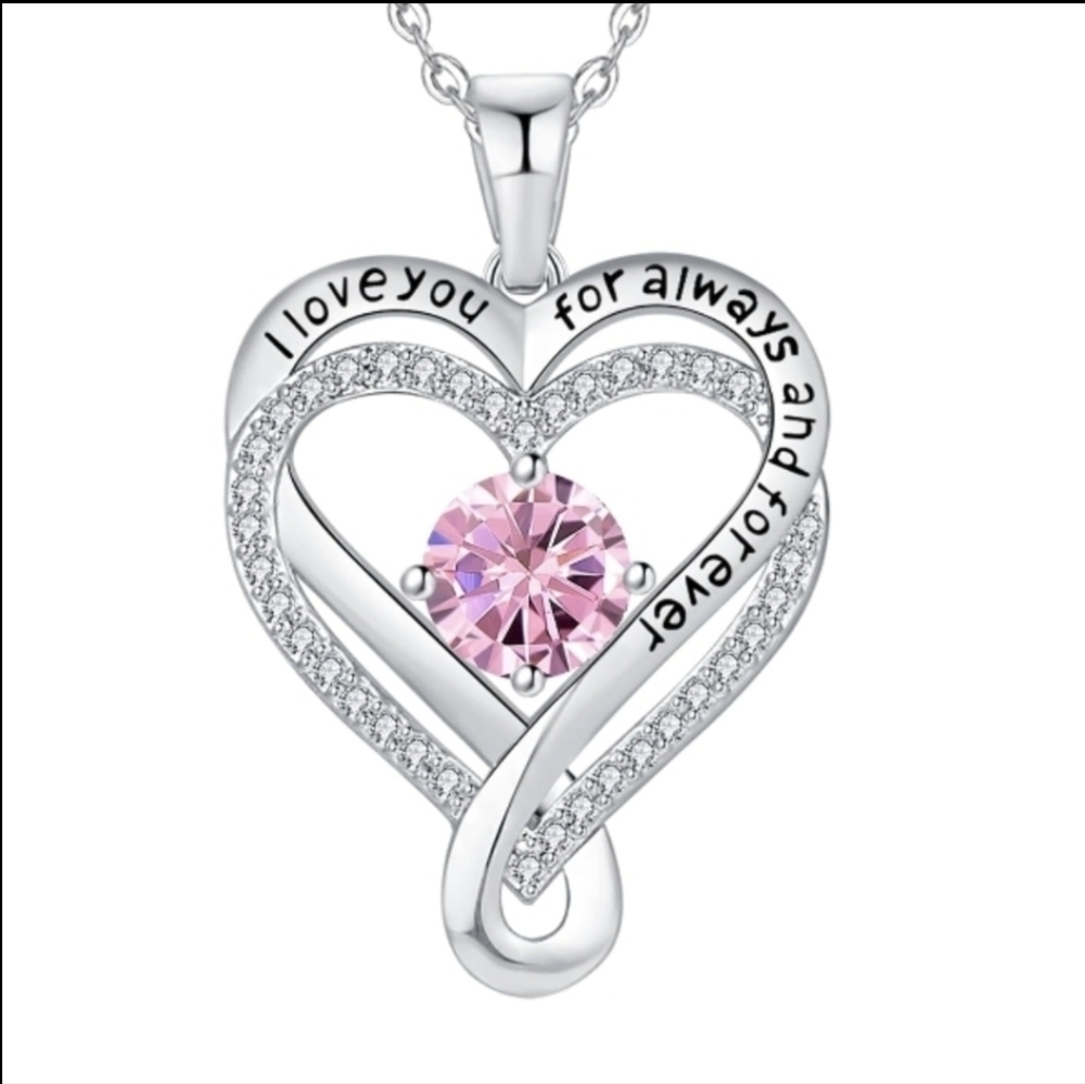 💖925 Sterling Silver Heart Pink Tourmaline I Love You Always & Forever Necklace